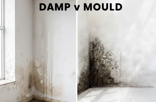Split image showing damp water stains on a wall and black mould growth in a corner, highlighting the difference between damp and mould problems.