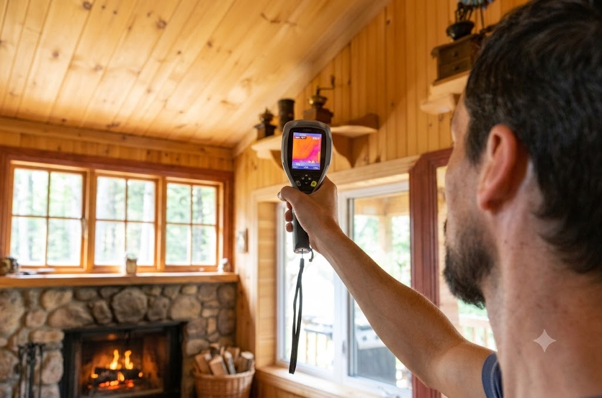 Surveyor using a thermal imaging camera during a damp survey for building developers to identify potential moisture issues.