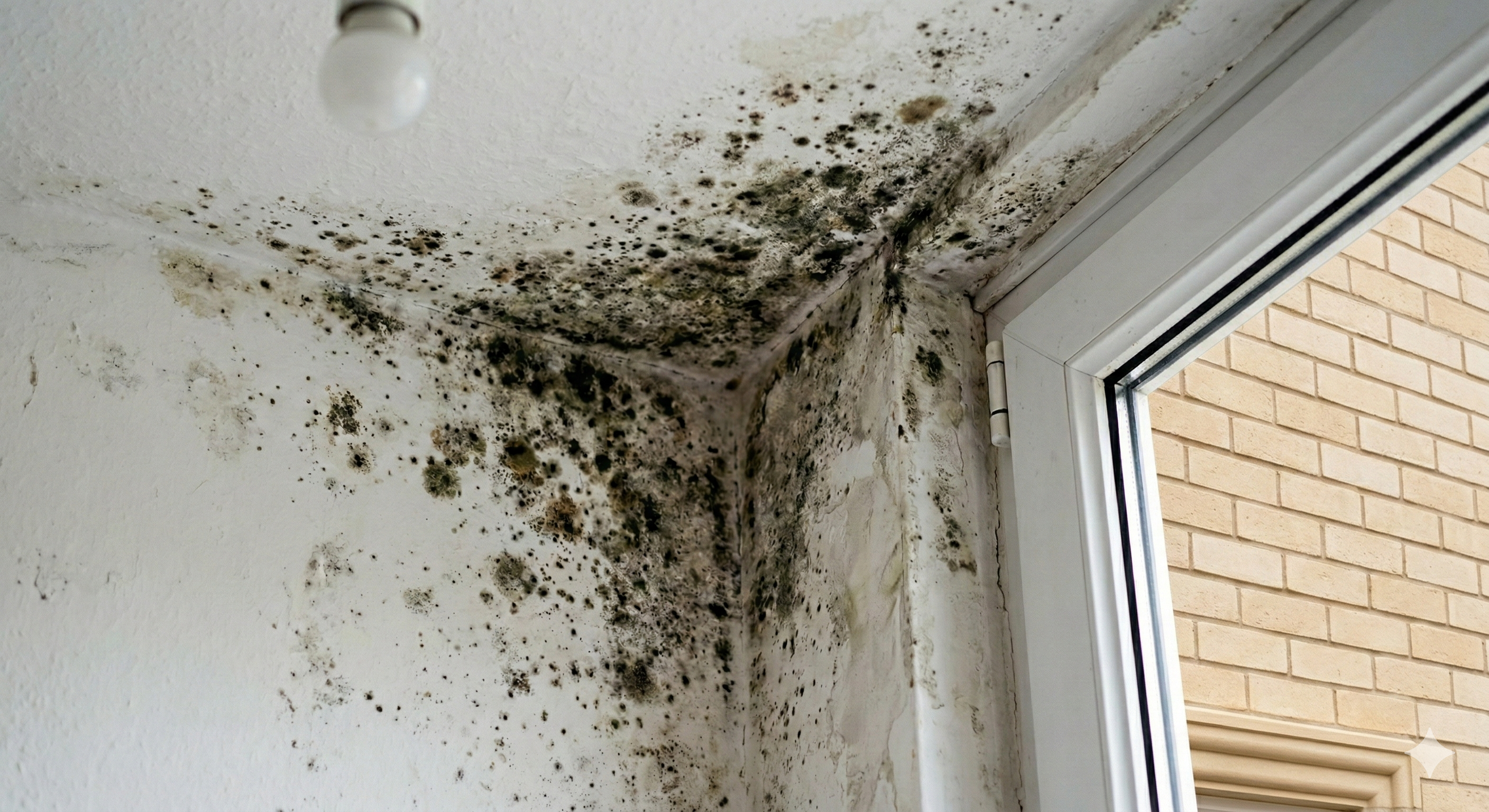 Black mould growing on the corner of a ceiling near a window, showing a severe indoor mould problem requiring mould remediation.