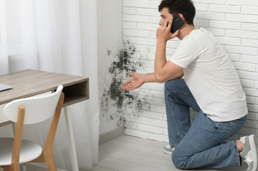 Tenant pointing out mould on a wall while on the phone, highlighting the need for mould prevention system for landlords.