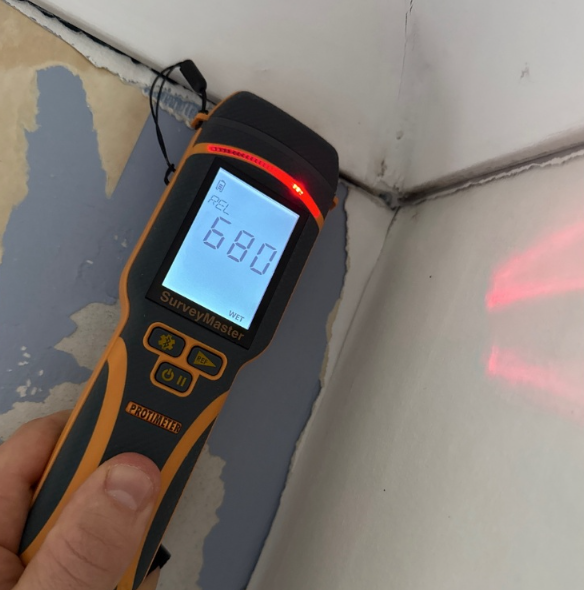 Surveyor using a moisture meter to take a damp readings on a wall, illustrating what a damp survey involves.