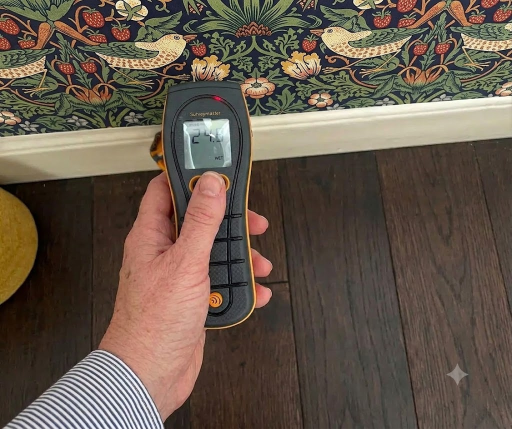 Moisture investigation being carried out with a handheld moisture meter near the base of an interior wall.